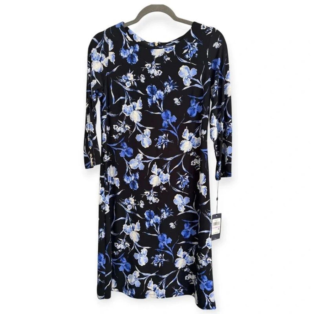 NWT Tommy Hilfiger Womens Size 6 Floral Sheath Dress Blue Black Button Cuff